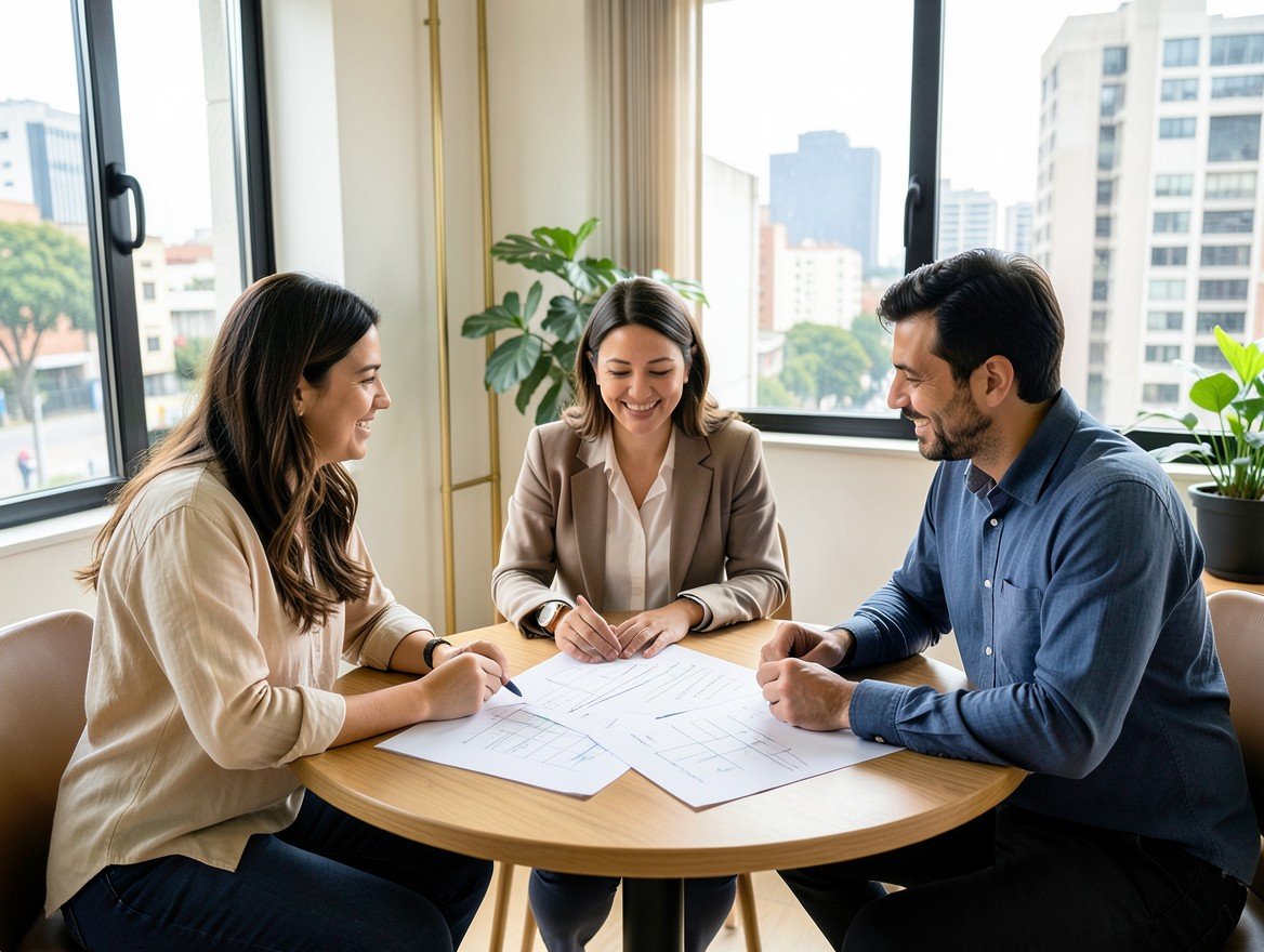 Personas conversan alrededor de un plan financiero en una oficina